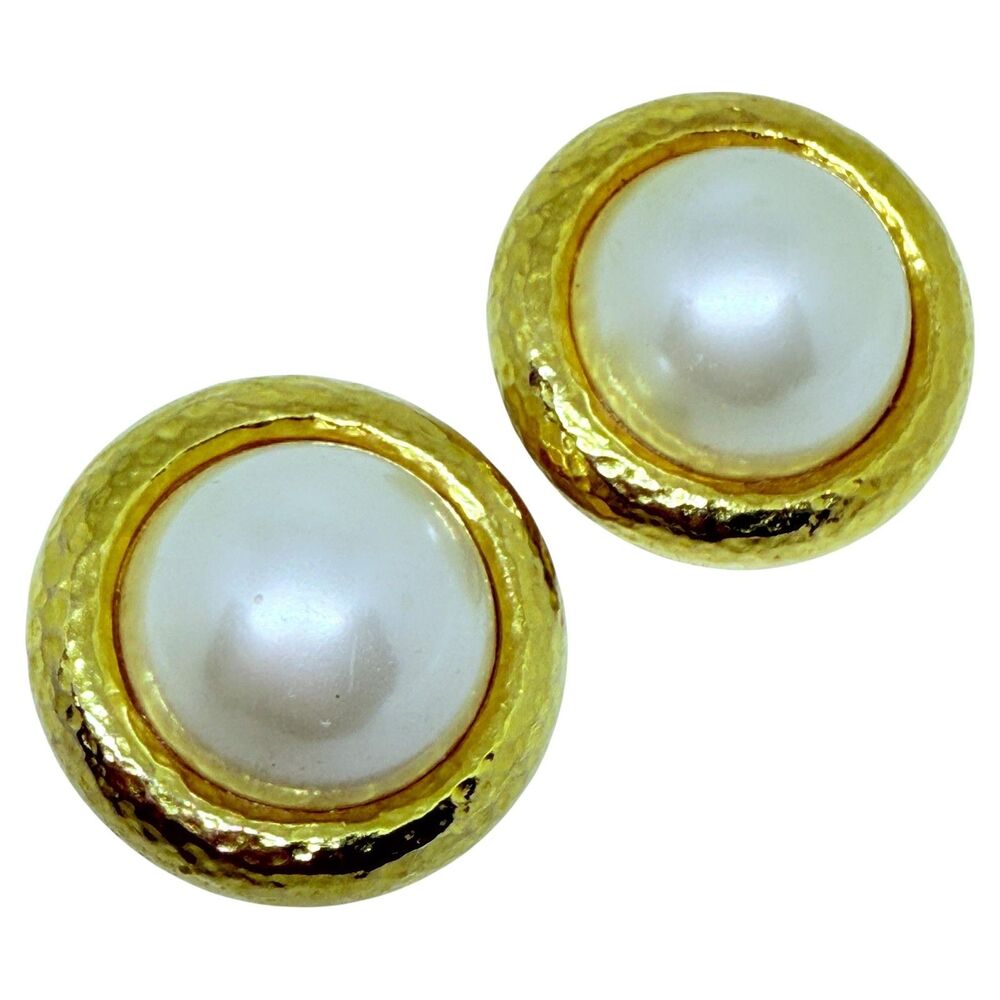 ANNE KLEIN vintage matte gold tone faux pearl designer 80's clip on earrings